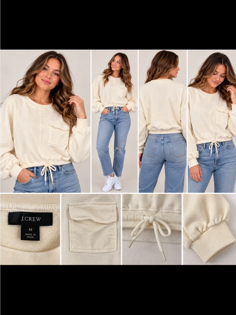 J. Crew Cream Drawstring Pocket Crewneck Sweatshirt